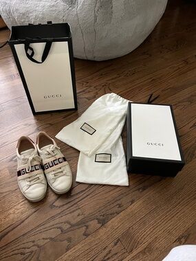 Gucci White Leather Sneakers with Red & Blue Web Stripe